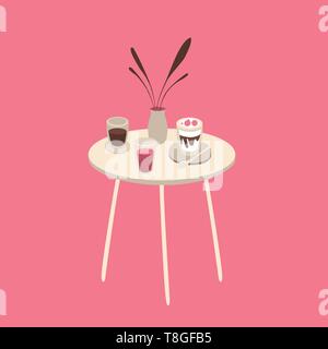 Weißer Tisch mit Cups mit Getränken und Desserts auf rosa Hintergrund. Flache Bauform Stock Vektor