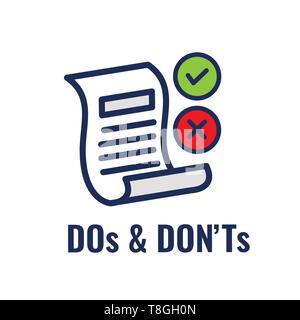 Was du tun und was du nicht tun oder Gute und Schlechte Symbole mit positiven und negativen Symbole Stock Vektor