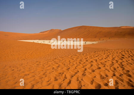 Panoramablick auf Deadvlei, einer Salzpfanne sind durch die roten Dünen der Namib Wüste Namib Naukluft National Park, Sossusvlei, Sesriem, Namibi umgeben Stockfoto