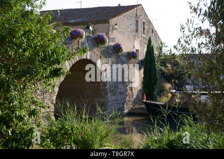 Frankreich, Aude, Le Somail, Canal du Midi, als Weltkulturerbe von der UNESCO, der Hafen von Somail Stockfoto