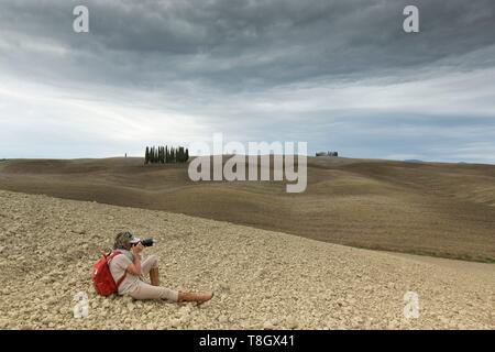 Italien, Toskana, Val d'Orcia als Weltkulturerbe von der UNESCO, Landschaft entlang der Via Francigena in der Nähe San Quirico d'Orcia am Ort genannt Cipressi di San Quirico d'Orcia Stockfoto