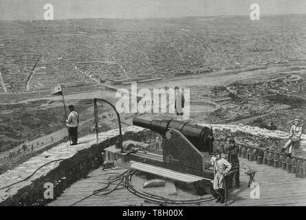 Guerra del Pacífico o Guerra Del Salitre. Conflicto armado que enfrentó Chile contra los Aliados de Bolivien y Perú. 1879-1883. Perú. Lima. Vista allgemeine desde el Fuerte de San Cristóbal, ocupado por las tropas chilenas desde el 18 de Enero de 1881. Grabado. La Ilustración Española y Americana, 30 de abril de 1881. Stockfoto