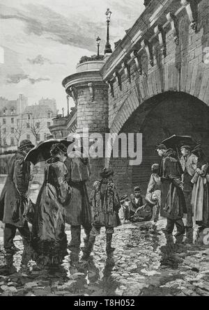 Francia. París. Del cadáver Extracción de una Joven suicida, Bajo las arcadas del "Pont Neuf". Dibujo del Natürliche por Pellicer. Grabado por Rico. La Ilustración Española y Americana, 22 de abril de 1881. Stockfoto