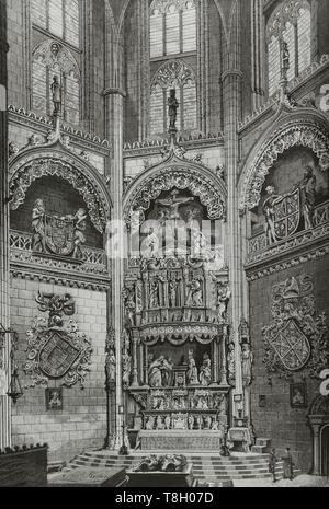 España. Castilla-León. Burgos. Capilla del Condestable de la Catedral. Capilla de estilo Gótico flamígero funeraria mandada construir por el Condestable de Castilla Don Pedro Fernández de Velasco y Manrique de Lara, entre 1482-1494. Dibujo de Martinez Hebert. Grabado por Ovejero. La Ilustración Española y Americana, 22 de Oct de 1881. Stockfoto