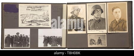 Ausgiebig mit Untertiteln Fotoalbum 3.SS-panzer-division "Totenkopf"-Tasche von Demyansk insgesamt ca. 370 Fotos. Die Bilder werden in einem commemorative Album für in der "Lah", geklebt, die Runen und die Inschrift auf der Abdeckung entfernt oder retuschiert. Sehr gute Fotos überwiegend der russischen Theater des Krieges. Viele Kampfszenen im Winter, Camouflage Uniformen, "Bergmann"-MP und beschlagnahmten Waffen-SS, "Kriegsberichter" Armband, Kampf gegen Partisanen. Viele hohe Offiziere wie Reichsführer HIMMLER H. und Theodor Eicke, Positionen, Flugzeuge und beschlagnahmten Krieg mate, Editorial-Use - Nur Stockfoto