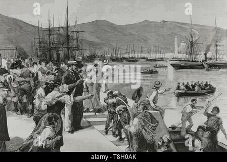 Durante El Segundo tercio Del Siglo XIX muchos Españoles de agricultores fueron a hacer Fortuna al Norte de Argelia. El 22 de Oct de 1881 Los Hombres de Bu-Amena atacaron ein Los agricultores provocando El pánico entre Los emigrantes europeos. Muchos regresaron ein sus paises de origen. Nueve mil Españoles lo hicieron entre El 11 y el 22 de Oct de 1881. Puerto de Almeria (ESPAÑA). Desembarque de Españoles, fugitivos de Orán, repatriados por el Dampf 'Victoria', 14 del tatsächliche. Grabado por Bernardo Rico (1825-1894). La Ilustración Española y Americana, 22 de Julio de 1881. Stockfoto