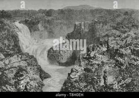 Imperio del Brasil (1822-1889). Cataratas de "Paulo Afonso". Vista en el punto de Unión de las Aguas del Río San Francisco. Grabado. La Ilustración Española y Americana, 15 de Agosto de 1881. Stockfoto