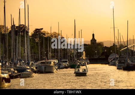 Frankreich, Haute Savoie, Evian-les-Bains, Sonnenuntergang auf die Möwen Marina und der Glockenturm der Kirche Stockfoto