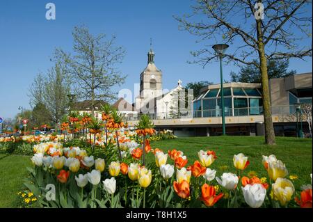 Frankreich, Haute Savoie, Evian-les-Bains, Tulpen Betten Platz Veteranen vor der Kirche Notre Dame de l'Assomption Stockfoto