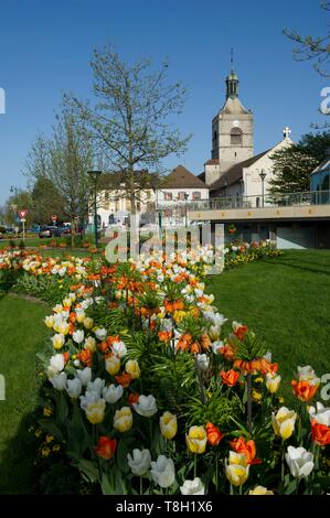 Frankreich, Haute Savoie, Evian-les-Bains, Tulpen Betten Platz Veteranen vor der Kirche Notre Dame de l'Assomption Stockfoto