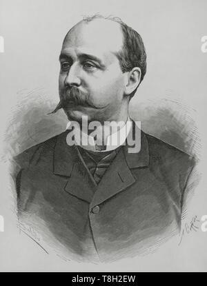 Y Segismundo Moret Prendergast (1838-1913). Haciendista, literato y político Español. Jefe del Partido Democrático - Monárquico. Dibujo por Badillo. Grabado por Arturo Carretero (m.1903). La Ilustración Española y Americana, 15 de Noviembre de 1881. Stockfoto