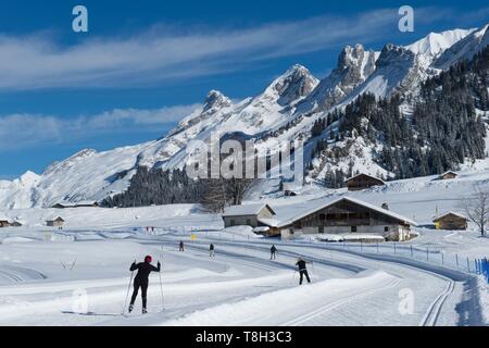 Frankreich, Haute Savoie, Massif des Aravis, über die clusaz Langlaufloipen im nördlichen Bereich des Weilers Confins Stockfoto