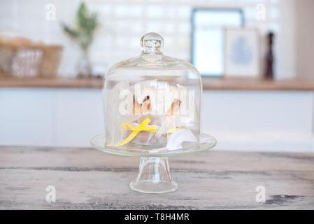 Glas Kappe für den Kuchen stehen auf einem weißen Tisch in einem hellen Raum. Stockfoto