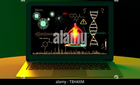 Menschliche Körper, die von Viren angegriffen, der wissenschaftlichen Forschung. Genetische Experimente. Die Aufbereitung der Daten. Studium, das Virus zu beseitigen. Laptop Stockfoto