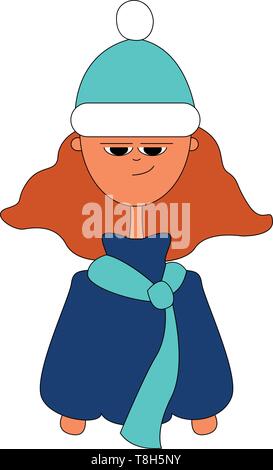 Ein kleines Mädchen mit einem blauen Kleid, Hut und einen blauen Schal, Vector, Farbe, Zeichnung oder Abbildung. Stock Vektor