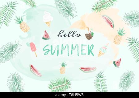 Sommer Aquarell Hintergrund mit Wassermelonen, Ananas und Palm Blätter Stock Vektor