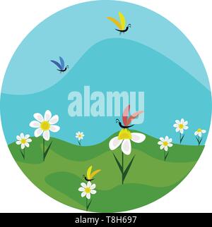 Ein schönes grünes Feld mit viel Kamille Blumen und Schmetterlinge auf es, Vector, Farbe, Zeichnung oder Abbildung. Stock Vektor