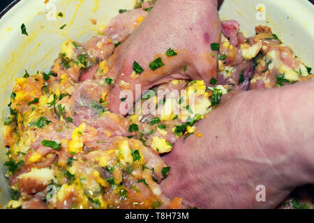 Frau Hände bereiten miced frisches Fleisch für die fleischbällchen. Manuell mischen das Fleisch mit Eiern, Petersilie und Knoblauch. Stockfoto