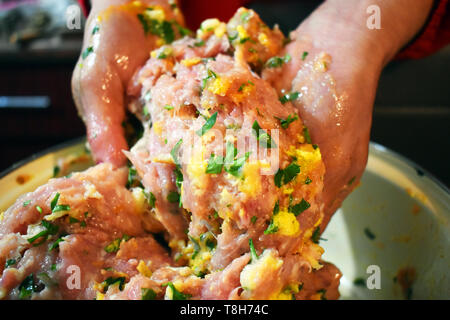 Frau Hände bereiten miced frisches Fleisch für die fleischbällchen. Manuell mischen das Fleisch mit Eiern, Petersilie und Knoblauch. Stockfoto
