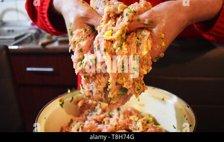 Frau Hände bereiten miced frisches Fleisch für die fleischbällchen. Manuell mischen das Fleisch mit Eiern, Petersilie und Knoblauch. Stockfoto