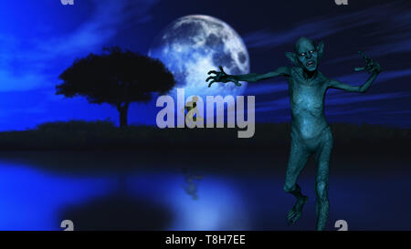 3D-Render von einem Zombie mit Baum gegen eine Moonlit sky Silhouette Stockfoto