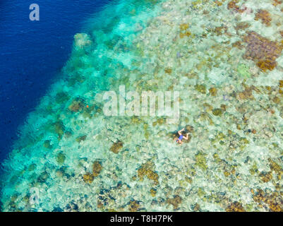 Luftbild von Oben nach Unten anzeigen Coral Reef tropische Karibik, türkisblaues Wasser. Indonesien Molukken Inseln Banda Inseln, Pulau Hatta. Top Reisen t Stockfoto