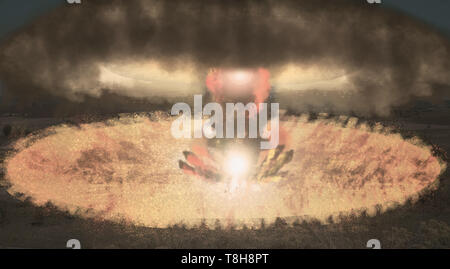 Nukleare Explosion über das Feld. Blick auf Pilze der Atombombe. Stockfoto