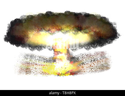 Nukleare Explosion über das Feld. Blick auf Pilze der Atombombe. Stockfoto