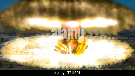 Nukleare Explosion über das Feld. Blick auf Pilze der Atombombe. Stockfoto