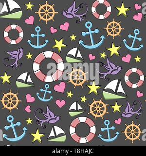 Nahtlose Hintergrund mit Marine set Symbole Stock Vektor