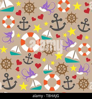 Nahtlose Hintergrund mit Marine set Symbole Stock Vektor