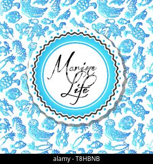 Hintergrund mit Meeresbewohnern und eine Inschrift in der Mitte. Vector Illustration für Ihr Design Stock Vektor