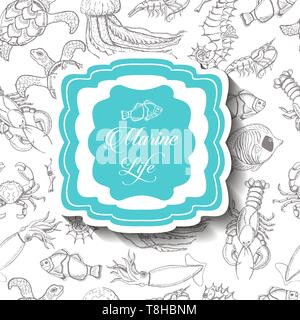 Hintergrund mit Meeresbewohnern und eine Inschrift in der Mitte. Vector Illustration für Ihr Design Stock Vektor