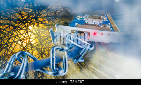 Virtual Private Network Interface Card. Cyber Security. Zusammenfassung der Erde. Blau metall kette auf Patch Kabel in LAN-Adapter. Gelbes Licht Strahlen, Misty. Stockfoto