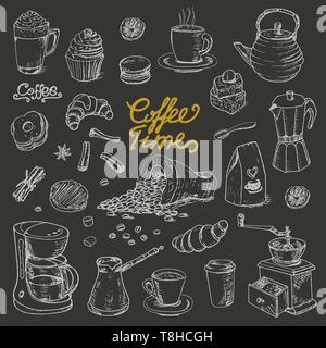 Sammlung von Kaffee doodle Elemente für Cafe Menü, Flieger, Tafel auf dunklem Hintergrund. Vector Illustration für Ihr Design Stock Vektor