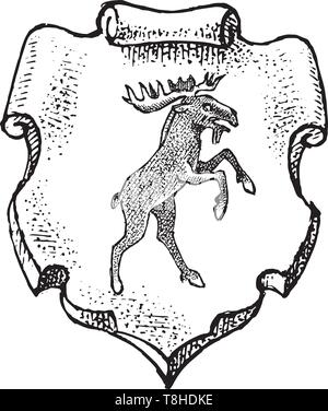 Tier für Heraldik im Vintage Style. Gravierte Wappen mit Elchen. Mittelalterliche Embleme und das Logo der Fantasy Königreich. Stock Vektor