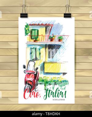 Hand Stadt Skizze für ihr Design, gezeichnet in Farbstifte auf weißem Hintergrund dargestellt. Italien Haus. Stock Vektor
