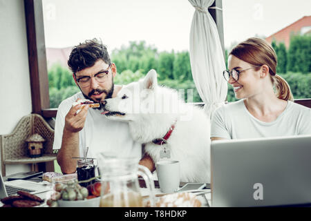 Art Mann, ein Sandwich zu einem Hund Stockfoto