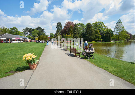 Massen von Menschen genießen den Sonnenschein an burnby Hall Gardens, Pocklington, East Riding von Yorkshire, England, UK, GB. Stockfoto