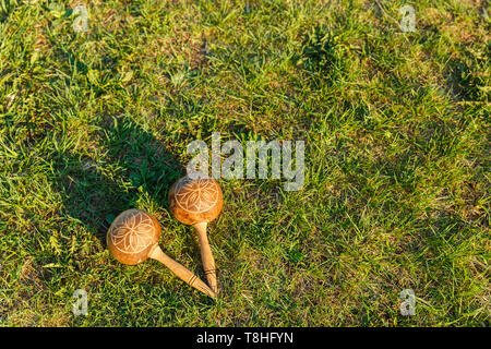 Maracas liegen auf dem grünen Rasen. Traditionelles Musikinstrument aus natürlichen Materialien Stockfoto