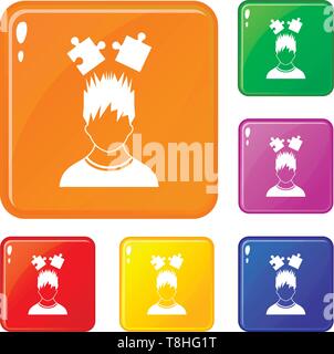Mann mit Rätseln über Kopf Icons Set Vector Farbe Stock Vektor