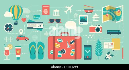 Sommer Urlaub und internationale Reisen: Koffer, Smartphone und Netzwerk von Reisen Symbole Stock Vektor