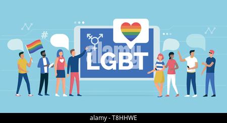 Multiethnische Gruppe von Menschen unterstützt eine LGBT-Rechte Parade und online Community social media App, Gleichstellung und Gleichberechtigung Konzept Stock Vektor