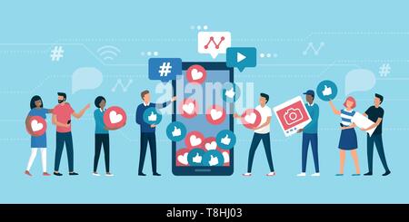 Ihre social media Anhänger mit erfolgreichen Marketingstrategien erhöhen: Menschen mag und Reaktionen zu einer social media Profil auf einem smartpho Stock Vektor