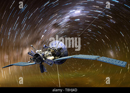 3D-Rendering eines Satelliten aginst star Trails Stockfoto