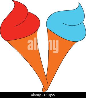 Zwei Eistüten mit roten und blauen Eis, Vector, Farbe, Zeichnung oder Abbildung. Stock Vektor