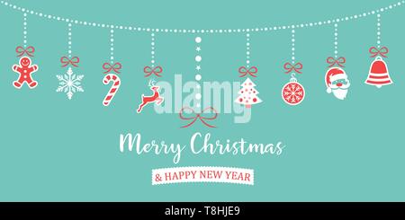 Weihnachten Symbole hängen auf Line blau rot Stock Vektor