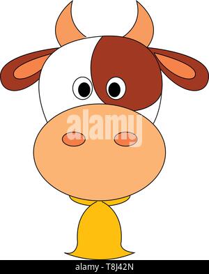 Ein niedliches Kuh mit kleinen Hörnern und eine große gelbe Glocke an ihrem Hals, Vector, Farbe, Zeichnung oder Abbildung. Stock Vektor