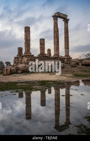Tempel des Herkules, spiegelt sich in einer Pfütze von Wasser, Amman, Jordanien Stockfoto