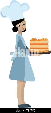Ein konditor Frau in ihrer blauen Uniform und dem weißen Hut trägt eine große Gebäck orange Kuchen mit den Augen gerollt drückt Trauer, Vector, Farbe drawin Stock Vektor